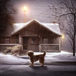 portrait of sad, scared, lonely dog tied with a short leash in front of house, winter, 8k resolution, high-quality, fine-detail, intricate, digital art, detailed matte, volumetric lighting, illustration, 3D octane render, brian froud, howard lyon, selina french, anna dittmann, annie stokes, lisa parker, greg rutowski