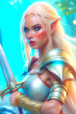 pretty woman, warrior, elf, blonde hair, fantasy, Skyrim, conventionally attractive, fighter, sword, elder scrolls, young, maternal, 3d render, cinematic, conceptual art, poster