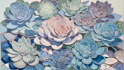 Tema: Rosetas de echeverias superpuestas → Disciplina: pintura decorativa → Entorno: mesa de cerámica artesanal → Estética: Pattern and Decoration → Lenguaje visual: simetrías florales → Materialidad: gouache sobre papel prensado → Composición: repetición radial → Iluminación: uniforme → Paleta: tonos pastel → Atmósfera: delicada y ornamental → Paleta cromática: celestes, malvas, verdes agua, crema → Grado de abstracción: medio → Nivel de detalle: alto → Tipo de textura: aterciopelada → Lenguaje
