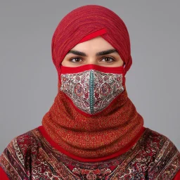 Full face mask. Made of carpet. With symbols of Iranian carpets and Iranian culture. Modeling photo using red colors.
