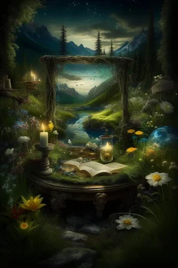 Hyperrealism against the background of a spring landscape in the forest +mirror with a tsunami whirlpool +mountains +ritual +candles+dried flowers+wildflowers+moss++decoupage of flowers+embroidery technique+braided beads+vine+moonlit night,fabulous landscape,surrealism,realism,naturalism,dot technique,microdetalization,high detail objects,digital illustration,volumetric clarity,dark fantasy,dark botanical, professional photo