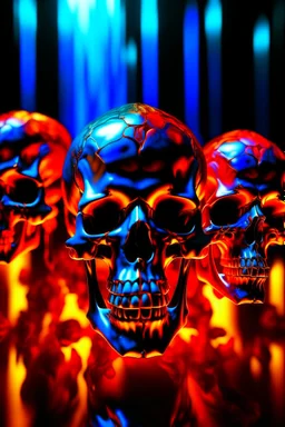 multiple glass human skulls, high temperature, glowing blue on the bottom, glowing red on the top, large blue red and orange flame coming from under and behind hovering in high in the sky, contrasting colors precisionism psychedelic art surrealism street art digital illustration wet wash 64 megapixels 8K resolution 8K resolution telephoto lens telephoto sharp focus Unreal Engine 5 VRay radiant retro futuristic galactic