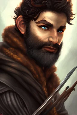 Portrait of an D&D Ranger adventurer with grey eyes, black hair, gruff beard, solo, pinup, wearing classic adventuring gear, beautiful realistic eyes, male, solo, canvas painting, shiny eyes, warm colors, realistic Rembrandt lighting