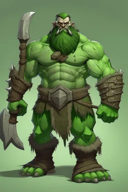 A tall green halforc barbarian