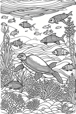 STRESS RELIEF themed coloring page for adult, cartoon style, thick outline, low details, no shading, no color, A serene underwater world with gliding sea turtles and coral