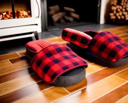 Red plaid slippers laying on a bear rug by log cabin woodstove