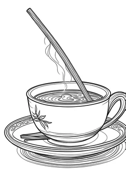 Outline art for coloring page, A SHORT LIT CIGARETTE JOINT FLAT ON A TEACUP SAUCER. A JAPANESE CHAWAN TEACUP. , coloring page, white background, Sketch style, only use outline, clean line art, white background, no shadows, no shading, no color, clear