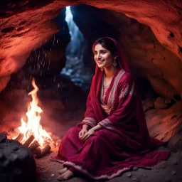 Hyper Realistic Photographic Outside View Of A Gorgeous Pashto Girl (Wearing Simple Burgundy Colored Dress With White Embroidery & Wearing Pink Dupatta On Her Neck) Happily Sitting & Smiling Boldy In A Cave With Little-Bonfire, With Heavy Rain Outside Cave With Glowing Little Crystals) At Dark Night Showing Dramatic & Cinematic Ambiance.