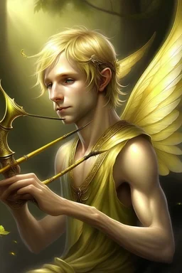 fee, männlich, libellen flügeln, hellblondes Haar, Flöte spielend, lange spitze Ohren, goldene Augen, realistisch