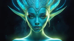 The photo features a bioluminescent and bioluminescent art style depicting a divine female alien god. Bioluminescent moist translucent glowing skin, ethereal glowing eyes, extra long neck, medium front third eye, large head fins and ear fins show off a charming, perfect face in ultra-realistic detail. The composition imitates a cinematic film with dazzling, gold and silver lighting effects. Intricate details, sharp focus, crystal clear skin create high detail.