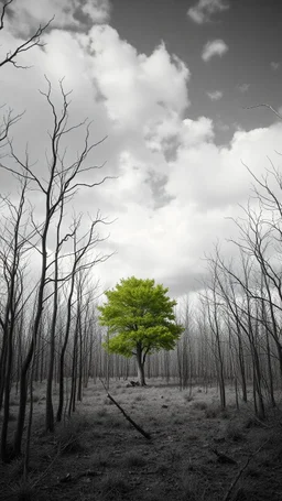 A wood with thousands of trees with no leaves in the desert in a black and white only one tree with green leaves in the middle , s clouds and gray skies, high quality, cinematic 8k and fantastic lighting