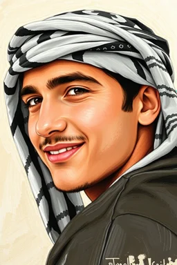 Palestinian young man wearing a keffiyeh, his face is beautiful, he turns his face to the right, he has a slight smile, his mouth is closed and his teeth are not visible, his eyes are looking to the left, he looks drawn with oil colors