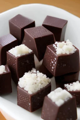 Small cubic chocolates with rice in a bowl