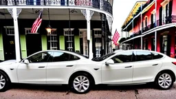 A Tesla's 'Model S Plaid' is parked, in the 'French Quarter' in New Orleans, Louisiana. CINEMATIC. WIDE ANGLE LENS.