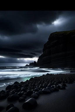 Reynisfjara Black Sand Beach, Iceland : A dramaticcolumns, rendered in oil paint with thick impasto strokes to capture the rugged texture of the rocks. The sky is dark and stormy, with lightning illuminating the scene. Use a palette of cool tones to create a moody atmosphere, and incorporate a sense of awe and wonder through the dramatic contrast between the dark sky and the bright lightning. Rule of thirds, golden ratio, leading lines, a giant spaceship