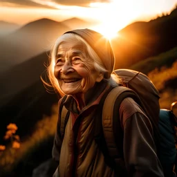a kind old woman go hiking and see the sun rise with big smile