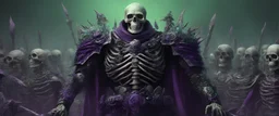 emperador esqueleto con armadura pesada con estetica oscura gobernando un ejercito infinito de esqueletos imagen realista con tonos verdes y morados