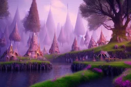 Immersive​ fantasy elven town house city in the deep forest with ancient elder tree blossom river 4k full hd