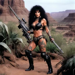 tattooed Julie Strain in action, standing in the middle of the badlands jungle surrounded by luxuriant flora - Heavy Metal F.A.K.K.2 her machine-gun in hand (shot from The Dark Crystal, 1982 dark fantasy film directed by Jim Henson and Frank Oz) she wears a lace leotard