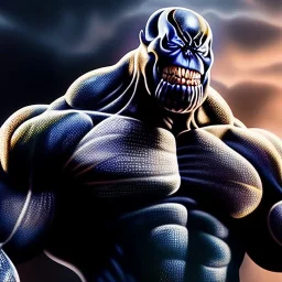 Ultra detailed fullbody Portrait in oil on canvas of Venom merges with Thanos,extremely detailed digital painting, extremely detailed face,crystal clear Big eyes, mystical colors ,perfectly centered image, perfect composition, rim light, beautiful lighting,masterpiece,8k, stunning scene, raytracing, anatomically correct, in the style of robert e howard and Ken Kelley and Ohrai Noriyoshi and Simon Bisley and tomzj1