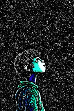 color pen and ink, illustration A boy staring at a starry sky at night stargazing, hopeful.