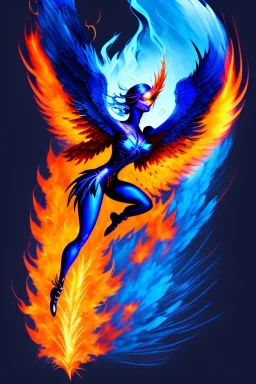 dark, blue phoenix, flaming wings, beautiful, smooth, flying, graceful