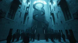Many Stairs between walls and buildings in bleak prison, a big vertical spiral massive staircasel, the end of which cannot be seen, underneath many black human silhouette, dark blue and gray colors, cold, grim vibe, high detailed, surreal, dark, cinematic