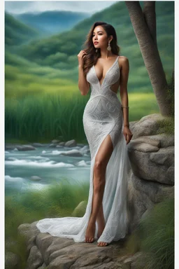 full shot body photo of the most beautiful artwork in the world featuring model, happy mood, High Detail, dramatic, photo realistic, ultra sharp, ultra hd, hyper realistic, ultra realistic, ((((dress)))), trending on artstation, sharp focus, studio photo, intricate details, highly detailed, standing in nice pose in country side with river ,water fall ,rocky valley,mountains at background, pretty clouds