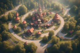 Theme park in the style of Slavic old fairy tales, roads, bird's-eye view