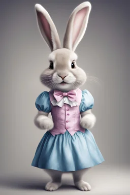 anthropomorphic, hyper-realistic cute and very funny Easter bunny animal wearing a Alice in Wonderland dress costume