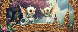 sacred geometry embroidered patterns, two totally symmetric fluffy angel robot gremlin slug nice cheerleader singing on ornate carved magical bridge in garden , full body portrait strong aura, oil painting and air brush, in swing net, strong wind, grid