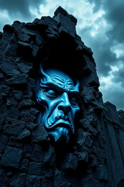 surrealis monochrome A fragmented, surreal sculpture liguid blue color of photorealistic image 3d,psychedelic art glossy emerging from devilish a crumbling walls of an old castle The face appear and intricate details, evoking a haunting expression. set against a backdrop of stormy, cloud-filled skies. bauhaus art The overall tone is dark blue and moody, suggesting themes of decay and transformation.