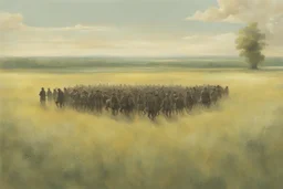 une prairie avec armée loin dans l’horizon