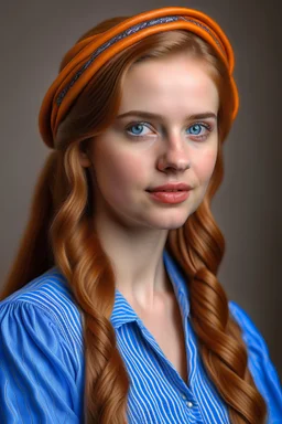 ultra realistic portrait of a young woman with a serene expression and delicate features. Her light brown hair is styled into a loose braid over one shoulder, and she wears a blue headband with orange floral patterns. She has clear, luminous skin and soft pale blue eyes that convey a gentle confidence. Her attire is casually elegant, with a relaxed blue denim garment. The lighting is soft and natural, enhancing the warmth and inviting quality of the portrait."