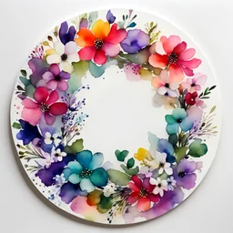 watercolor and alcohol ink, flowery, big round wreath, white inside the circle, white background, minimal