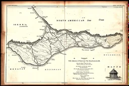 a scan of an ancient North American Cree printed road map of a fictional place that was black and white but has since been stained and weathered