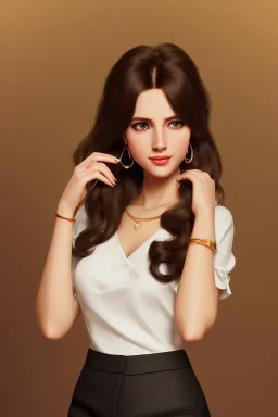 young business woman, brown hair, dark orange eyes, hoop earrings, red blouse, elegant, dark eyeshadow, black eyeliner, high arch angular eyebrows, head and shoulders portrait, 8k resolution, Artgerm, WLOP, Alphonse Mucha dynamic lighting, hyperdetailed, intricately detailed