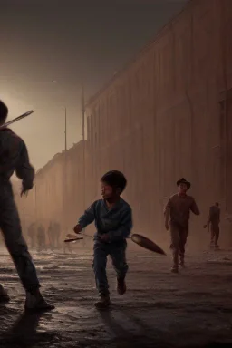 photorealistic painting of young boy fighting old boy, industrial era, night time, people in background