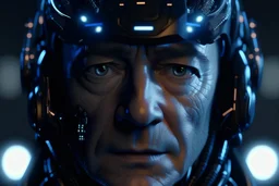 close-up portrait of a middle-aged man with cybernetic enhancements, wearing a futuristic neural interface helmet, glowing LED implants on face, cyberpunk aesthetics, highly detailed, cinematic lighting, soft shadows, emotional expression, realistic textures, 8k, HDR