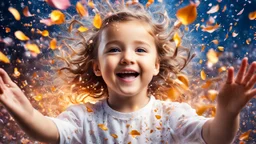 Magical Fantastic young happy child facing camera, Liquid Structure, Flying Petals, Splash, Portrait Photography, Fantasy Background, Intricate Patterns, Ultra Detailed, Luminous, Radiance, Joy, Exuberance, Fun, energy, excitement, Ultra Realism, Complex Details, Intricate Details, 16k, HDR, High Quality, Trending On Artstation, Sharp Focus, Studio Photo, Intricate Details, Highly Detailed