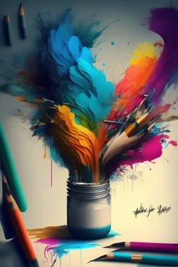 Brainstorming ideas, brushes, technology, artistic colorful