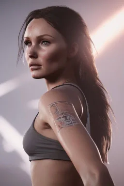 camilla luddington face, lara croft clothes, portrait busty and face, light effects, particles, explosion fire,