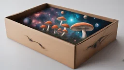 a box 10 cm long by 5 cm wide and 25 cm high, drawn on a box on all sides, butterfly mushrooms nebula, space, tress, planets, realistic