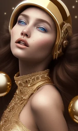 brown eyes, laugh, brunette sophie hennie cute young woman singing at saturns europa moon, golden jewelry, ice cold, winter, magnificent, majestic, highly intricate, incredibly detailed, ultra high resolution, complex 3d render,renaissance painting