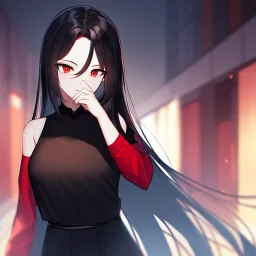 Clear focus,High resolution, black long hair, Vibrant red eyes, Emo style, Black skirt, wearing a black shirt sleeveless, Wearing black and red cutsleeves, Hand near chin