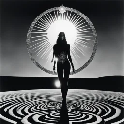 [Le Cabinet de Curiosités by helmut newton] The creature's cranium is massive, adorned with a huge crescent halo that emanates an otherworldly glow, reminiscent of burning crop circles etched with sacred geometric designs. In a scene that combines elements of gothic and emo aesthetics, the figure moves with an eerie grace, as if performing a cosmic dance.