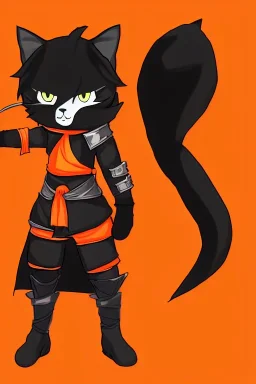 cat 2d, knight, ninja, black fur,full body, orange torn coat,game character, strong, anime, chibi