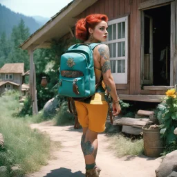 (high res photo by Russ Meyer) Clara, the tattooed free sprite, burdened with two backpacks, one on her back and one on her front. Is she moving from one house to another or embarking on a vacation to camp? Difficult to say. The constant pressure to keep those worlds coming. The weirder, the better. Mixing up the scenes. Too much coffee. The weight of the backpacks symbolizing the burdens she carries, both physically and metaphorically. Clara, a wandering nun of the gangs, seeking solace in the