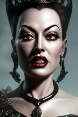 Joan Crawford as evil queen in black leather, busty, cleavage, dominatrix, curvy, angry, stern look. character design by cory loftis, fenghua zhong, ryohei hase, ismail inceoglu and ruan jia. unreal engine 5, artistic lighting, highly detailed, photorealistic, fantasy