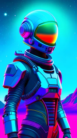 Create a futuristic sci-fi portrait of a space explorer donned in sleek, high-tech armor, standing on an alien planet with multiple moons in the sky. Use a 3D-rendered style with vibrant cosmic colors. 8k resolution.